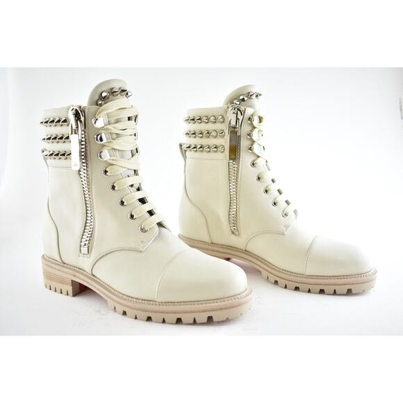 Christian Louboutin Winter Spikes Flat White Calf Leather Combat Ankle Boot 38 - Picture 4 of 9